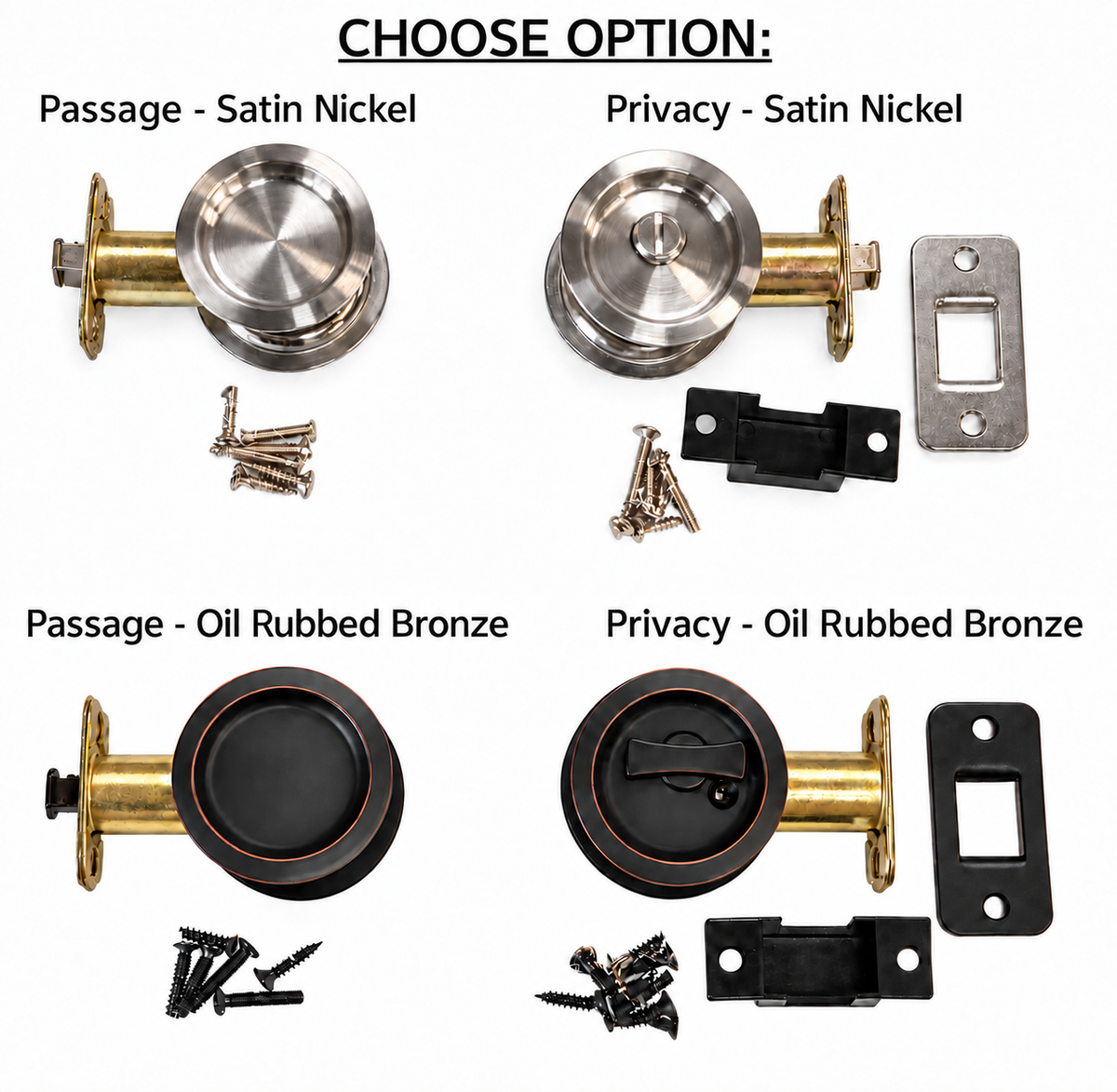 HBP- Round Pocket Door Pulls/Locks  with attached Edge Pull- Passage or Privacy Available