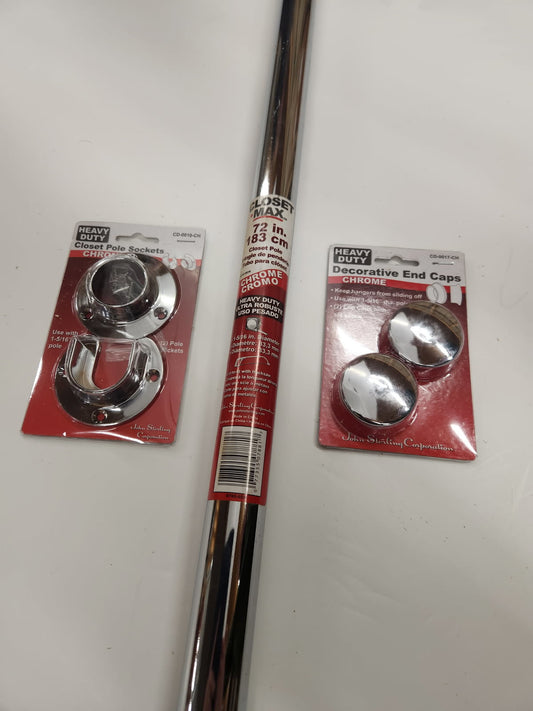 John Sterling-Closet Pole  with Pole Sockets w/ screws and Closet Pole End Caps Kit –CHROME -  72 inches - Hartford Building Products