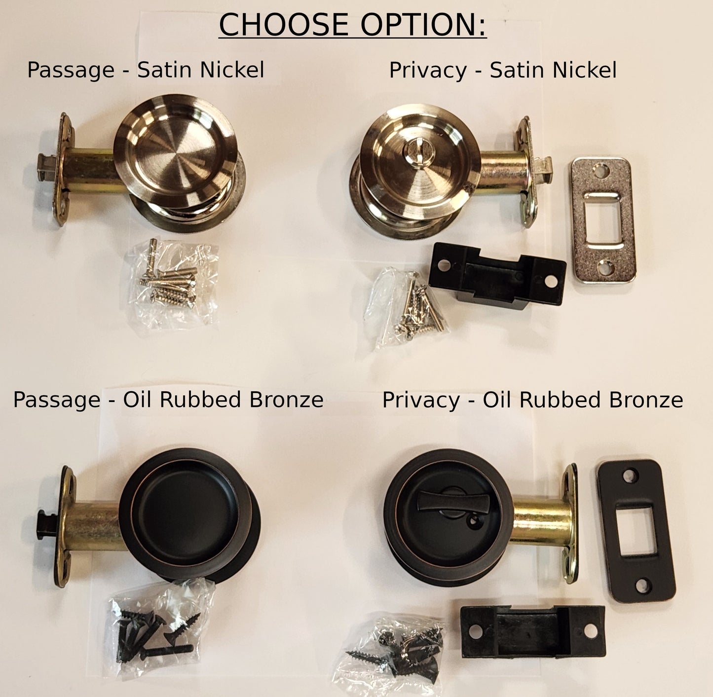 HBP- Round Pocket Door Pulls/Locks  with attached Edge Pull- Passage or Privacy Available